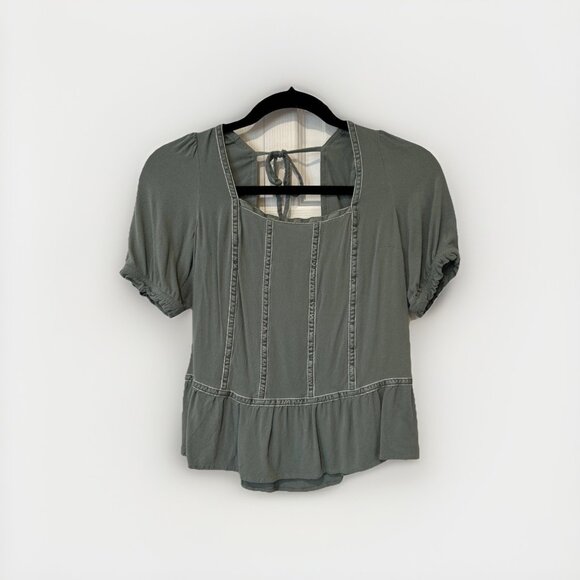 SO Green Square Neck Puff Sleeve Peplum Tie Back Top Women's XS - Picture 2 of 8